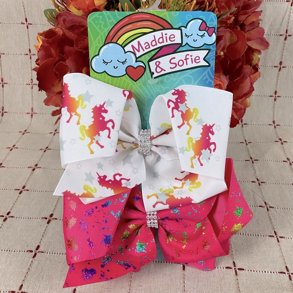 Maddie & Sophie XL Hairbows Unicorns Hearts Rainbow Colorful Splatter 4 Bows - Picture 3 of 3